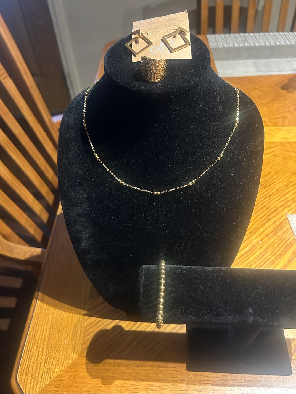Gold Beaded Necklace, Bracelet, Earring and Ring Jewelry Set